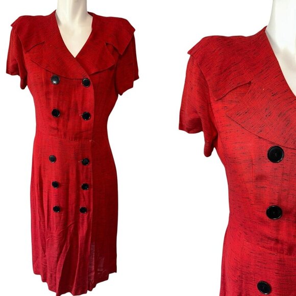 Vtg 40s Red Button Shirt Dress Double Breasted Short Sleeve Womens Size M/L - Picture 1 of 6